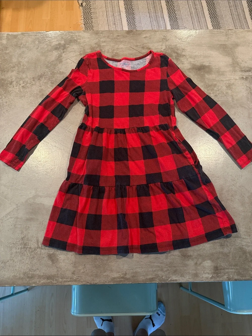 Old Navy Red and Black Buffalo Plaid Tiered Long-Sleeve Dress